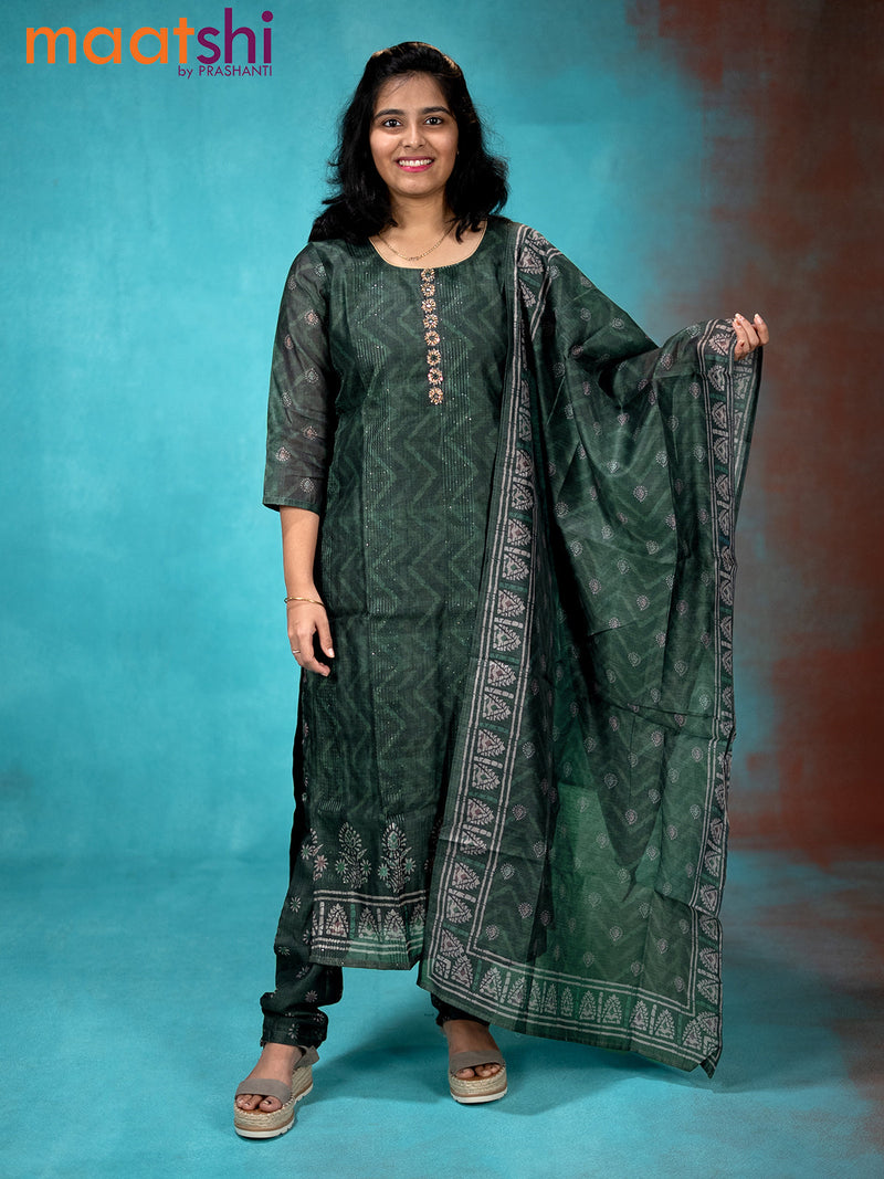 Chanderi readymade kurti set green shade with sequin work & stone work neck pattern and straight cut pant & printed dupatta