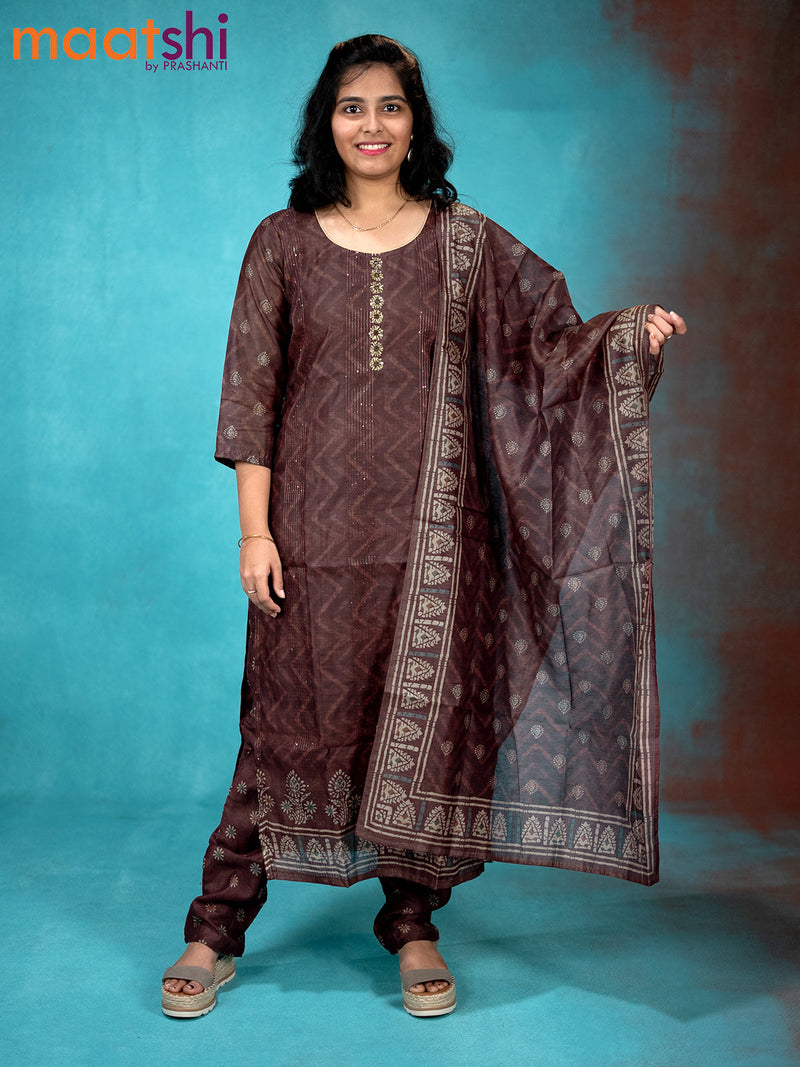 Chanderi readymade kurti set deep maroon with sequin work & stone work neck pattern and straight cut pant & printed dupatta