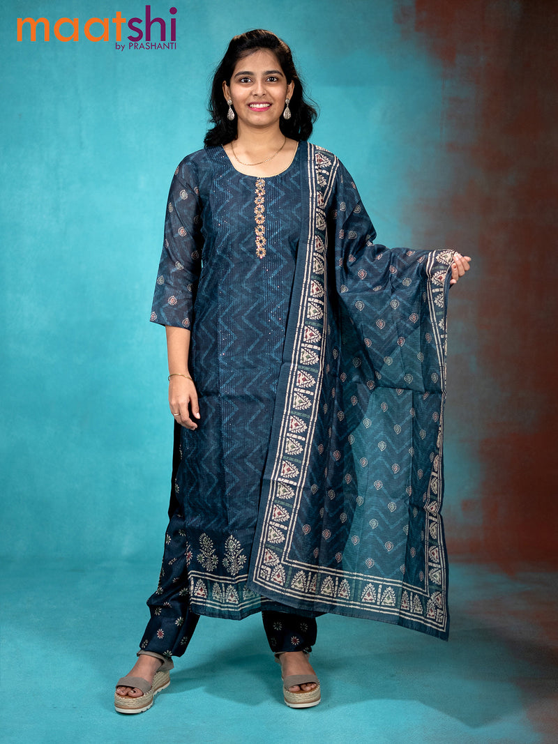 Chanderi readymade kurti set dark blue with sequin work & stone work neck pattern and straight cut pant & printed dupatta