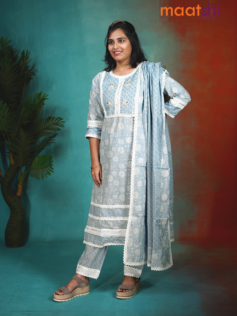 Cotton readymade kurti grey with allover floral prints & crocia lace neck pattern and straight cut pant & cotton dupatta