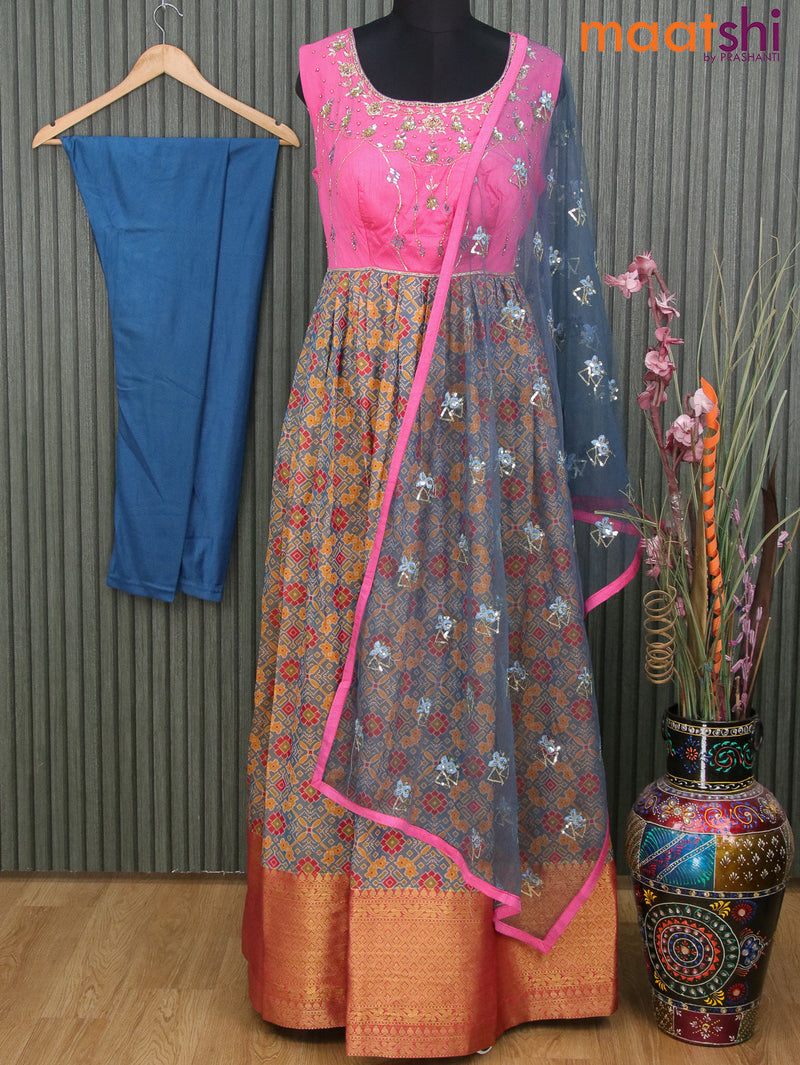 Raw silk anarkali readymade kurti pink and dual shade of blue with allover patola prints & mirror embroidery work neck pattern pant & sequin work dupatta - sleeve attached