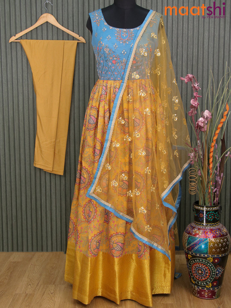 Raw silk anarkali readymade kurti blue shade and mustard yellow with allover madhubani prints & embroidery work neck pattern pant & sequin work dupatta - sleeve attached