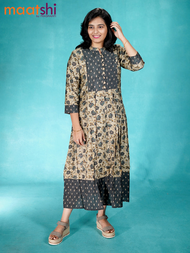 Muslin umbrella readymade kurti beige and grey with allover floral prints & simple neck pattern without pant