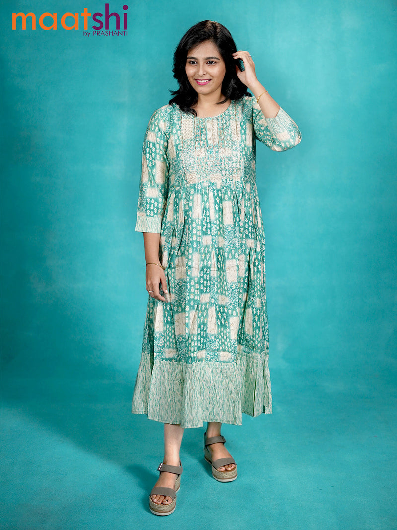 Muslin umbrella readymade kurti teal blue and beige with allover prints & sequin work neck pattern without pant
