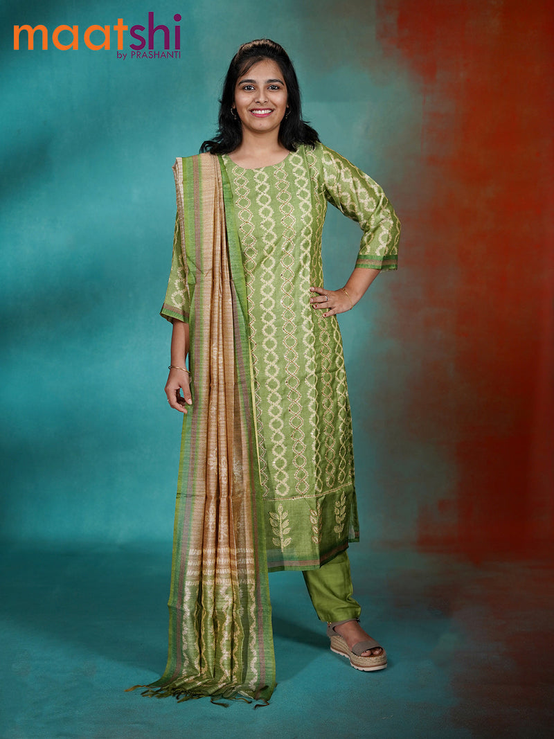 Chanderi readymade kurti set green with allover kantha stitch work and straight cut pant & printed dupatta