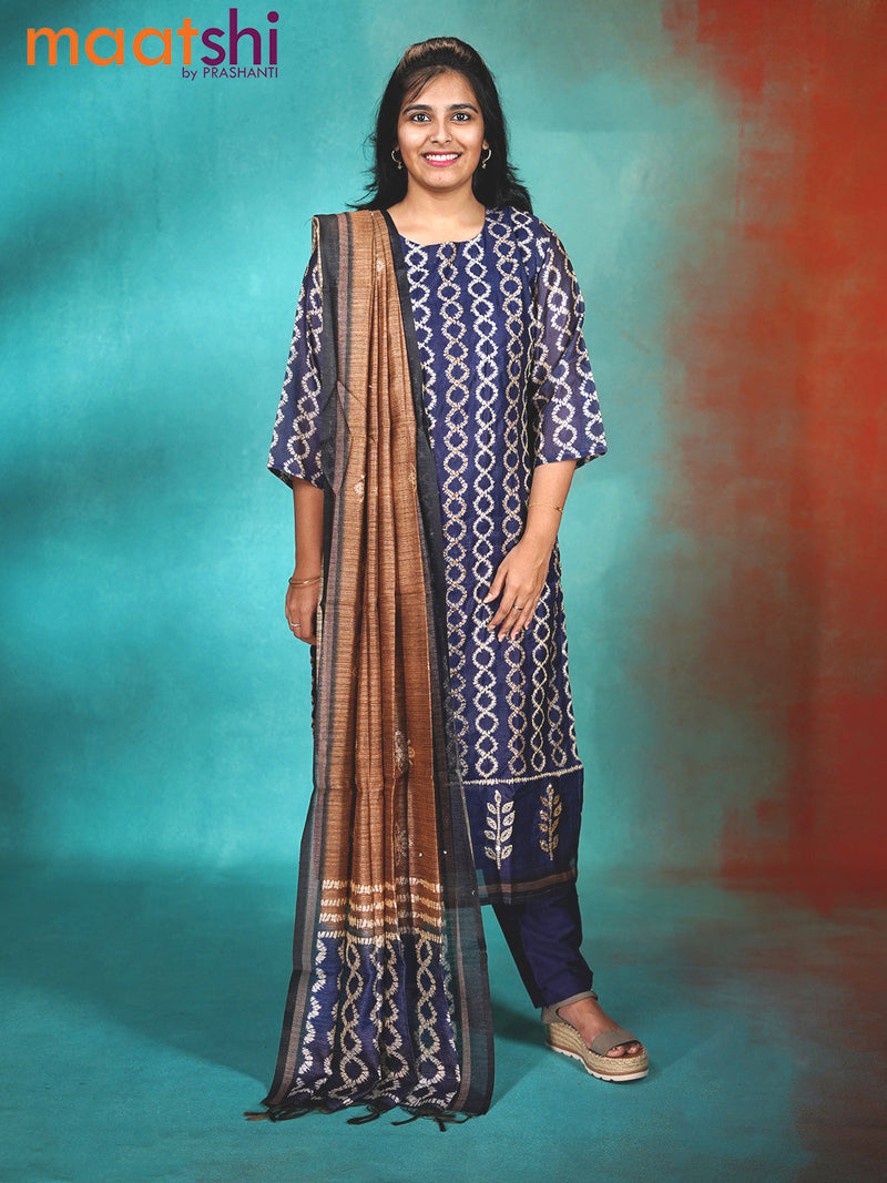 Chanderi readymade kurti set blue with allover kantha stitch work and straight cut pant & printed dupatta