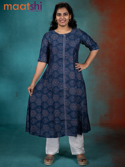 Muslin umbrella readymade kurti indigo blue with allover ajrakh prints & simple neck pattern without pant