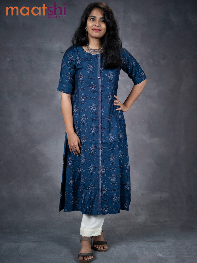 Muslin readymade kurti indigo blue with allover floral prints & simple neck pattern without pant