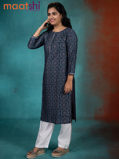 Muslin readymade kurti indigo blue with allover ajrakh prints & simple neck pattern without pant