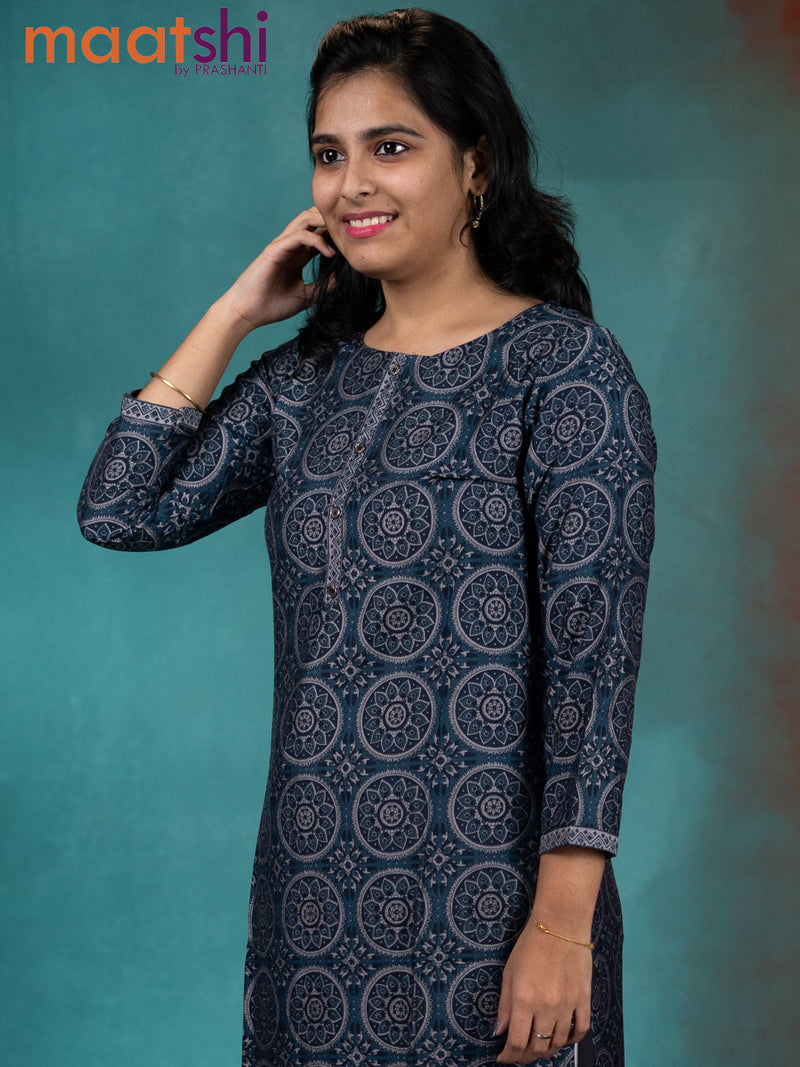 Muslin readymade kurti indigo blue with allover ajrakh prints & simple neck pattern without pant