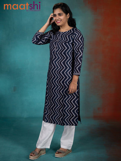 Muslin readymade kurti indigo blue with allover zig zag prints & simple neck pattern without pant