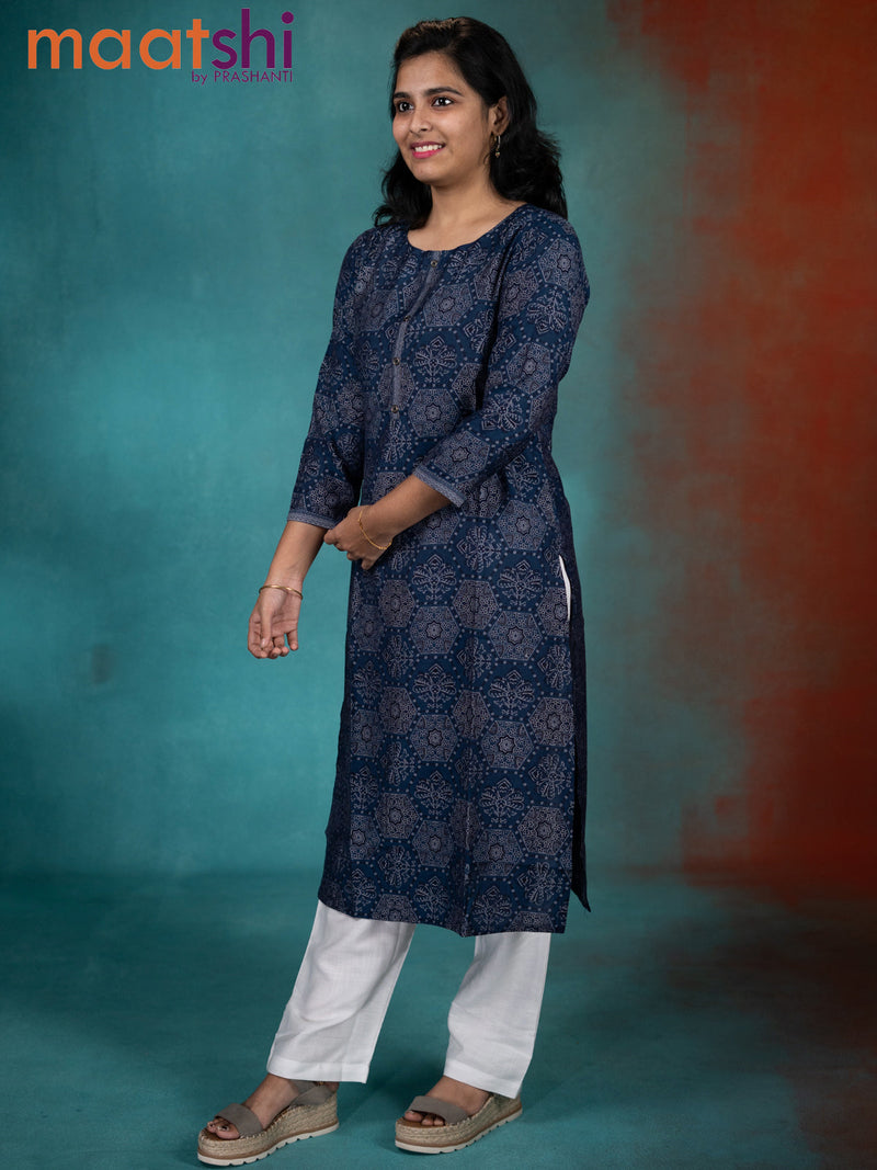 Muslin readymade kurti indigo blue with allover ajrakh prints & simple neck pattern without pant