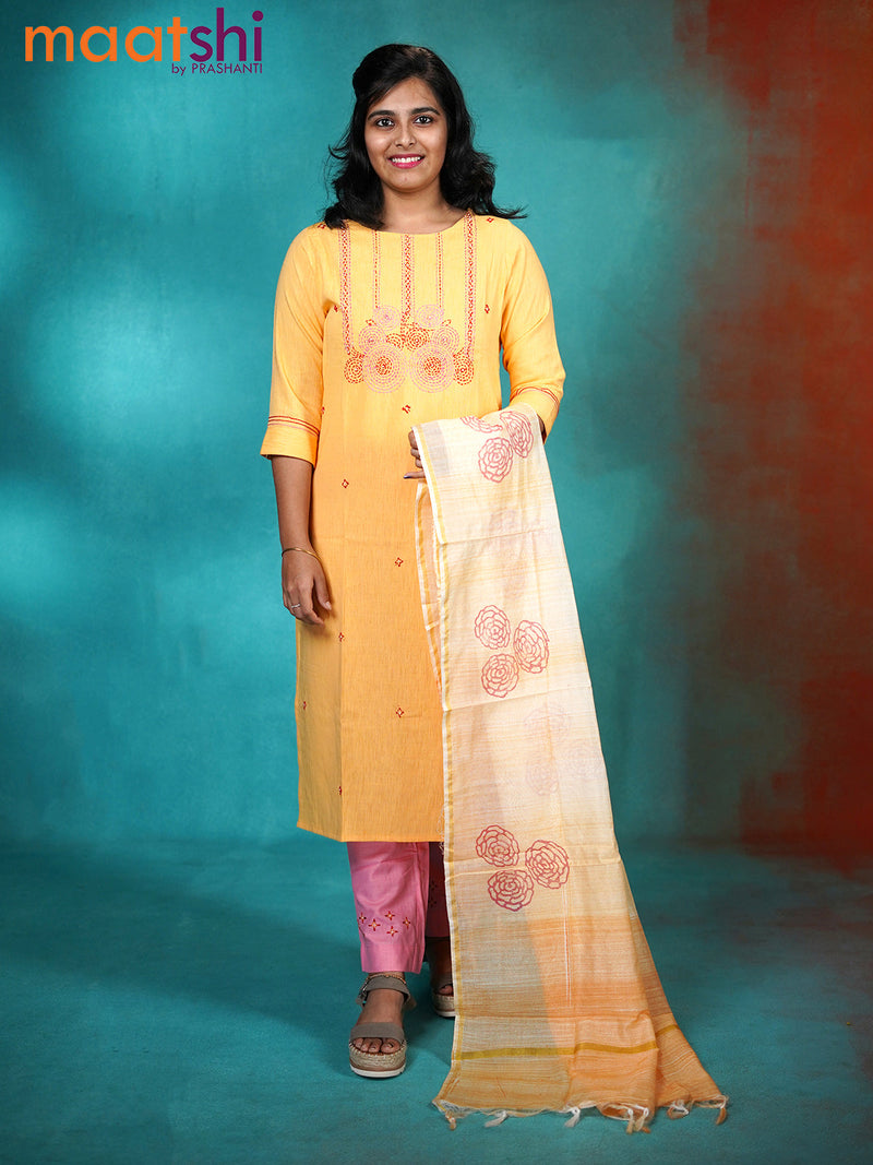 Cotton readymade kurti set mango yellow and light pink with embroidery & beaded work neck pattern and straight cut pant & linen dupatta