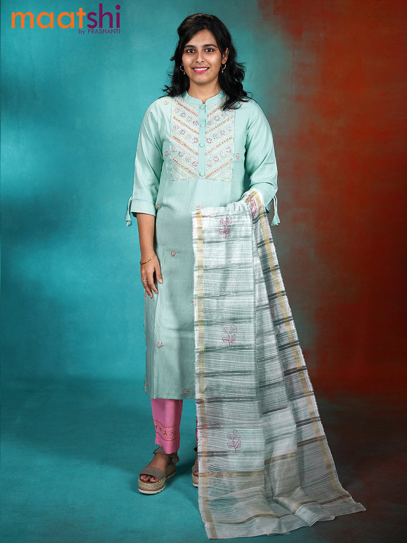 Cotton readymade kurti set teal blue shade with embroidery & beaded work neck pattern and straight cut pant & chanderi dupatta
