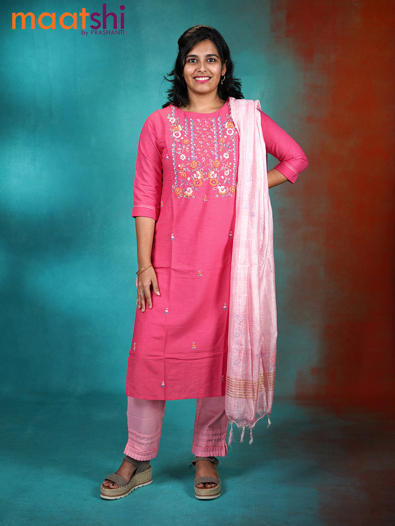 Cotton readymade kurti set pink and light pink with embroidery & beaded work neck pattern and straight cut pant & linen dupatta