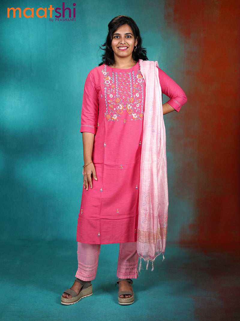 Cotton readymade kurti set pink and light pink with embroidery & beaded work neck pattern and straight cut pant & linen dupatta