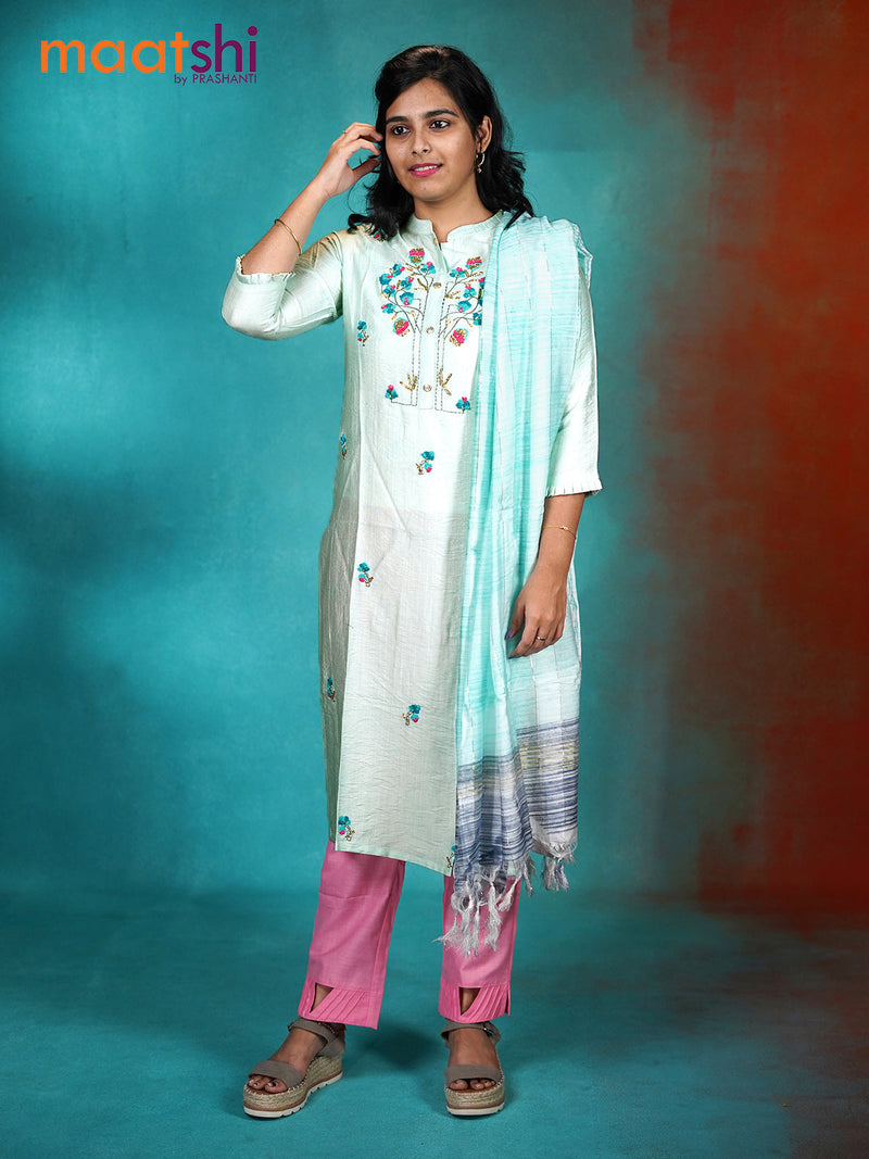 Cotton readymade kurti set pastel blue shade with embroidery & zardosi work neck pattern and straight cut pant & linen dupatta