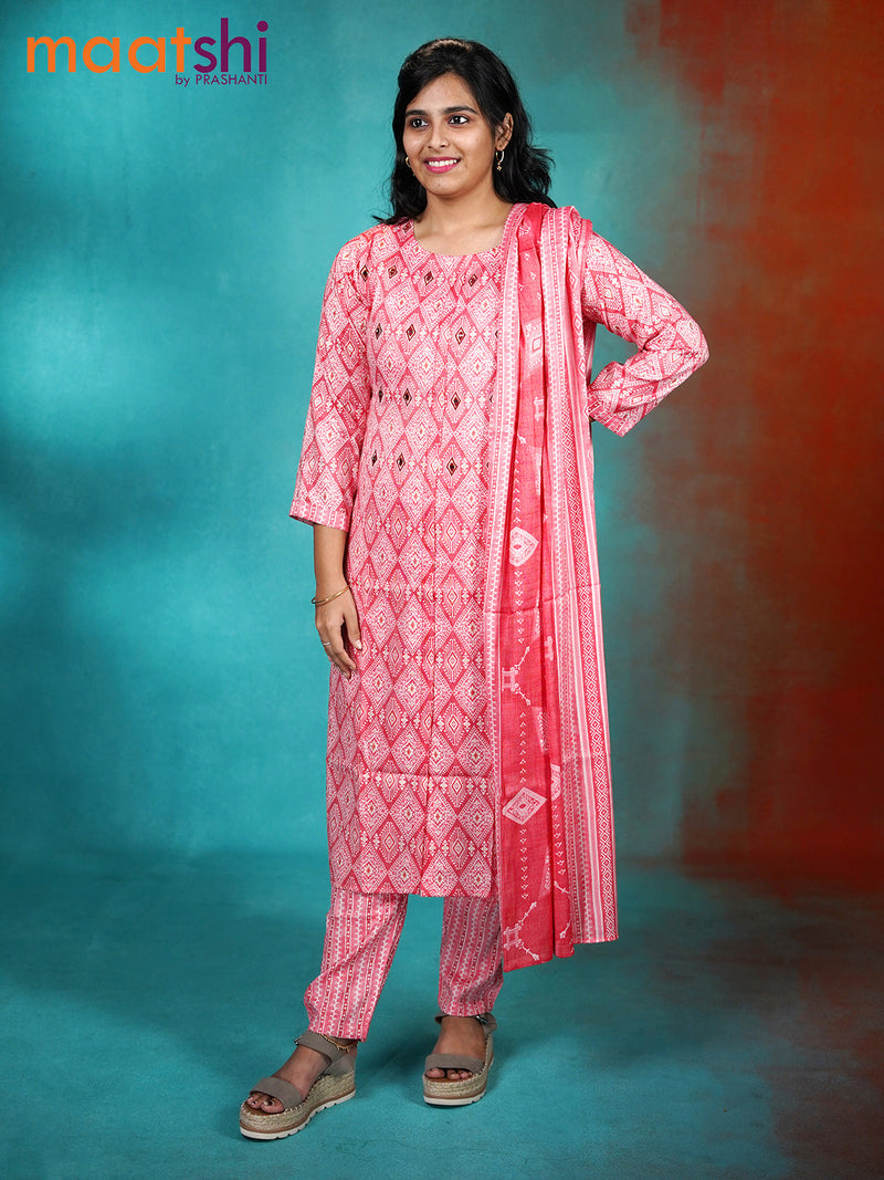 Slub cotton readymade kurti set pink shade with allover prints and straight cut pant & printed dupatta
