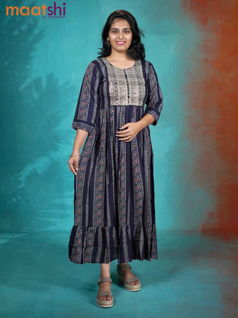 Muslin umbrella readymade kurti navy blue with allover geometric prints & sequin work neck pattern without pant