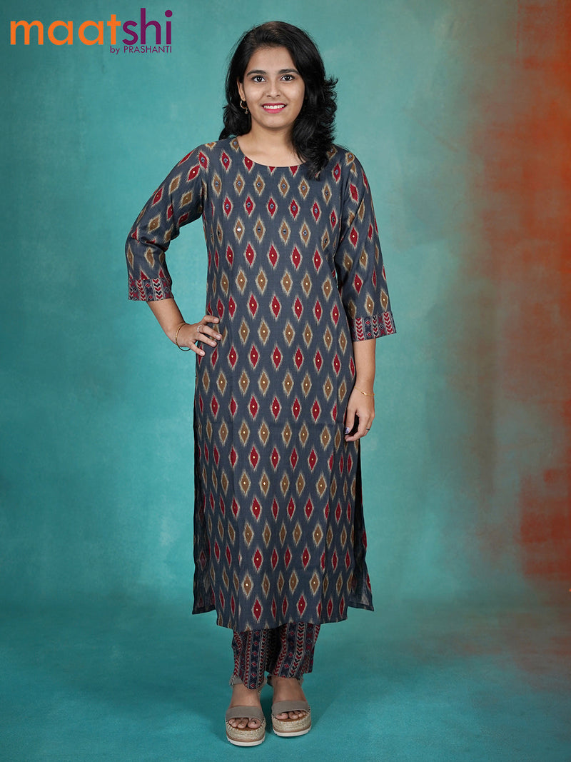 Cotton readymade kurti dark grey with allover ikat prints & mirror work neck design and straight cut pant