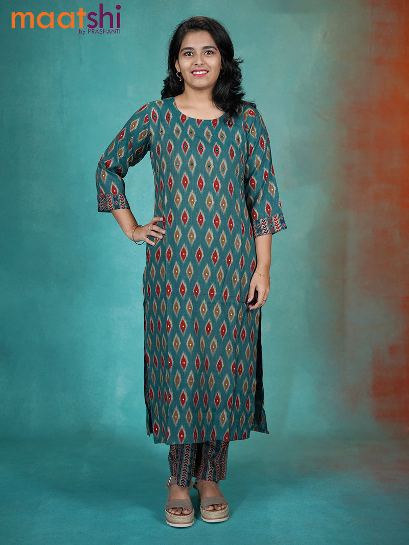 Cotton readymade kurti peacock green with allover ikat prints & mirror work neck design and straight cut pant