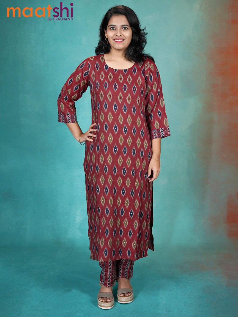 Cotton readymade kurti maroon and navy blue with allover ikat prints & mirror work neck design and straight cut pant