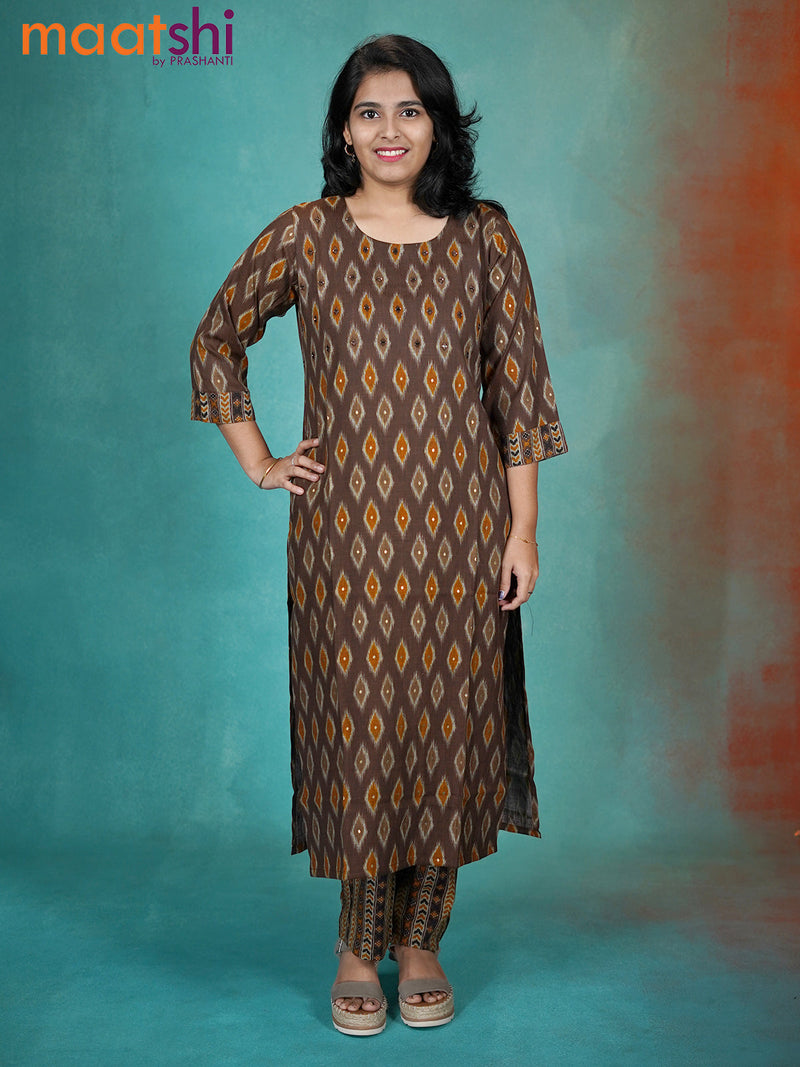 Cotton readymade kurti coffee brown with allover ikat prints & mirror work neck design and straight cut pant