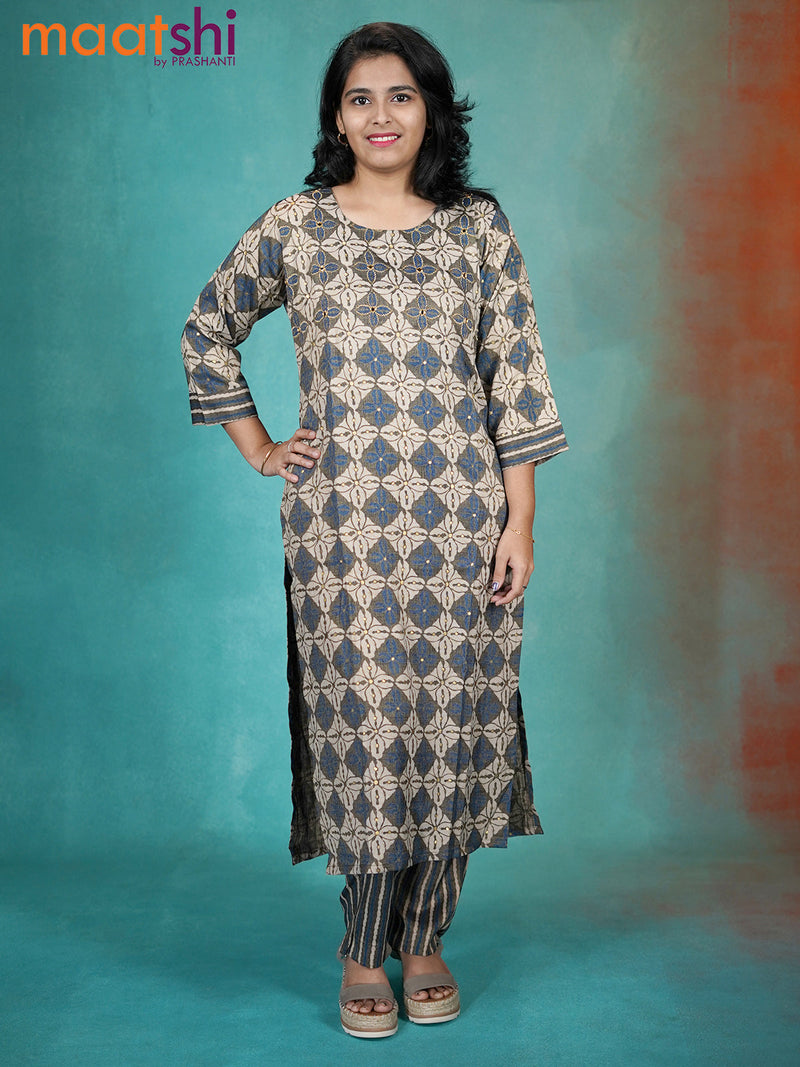 Cotton readymade kurti beige and black shade with allover prints & embroidery miirror work neck pattern and straight cut pant