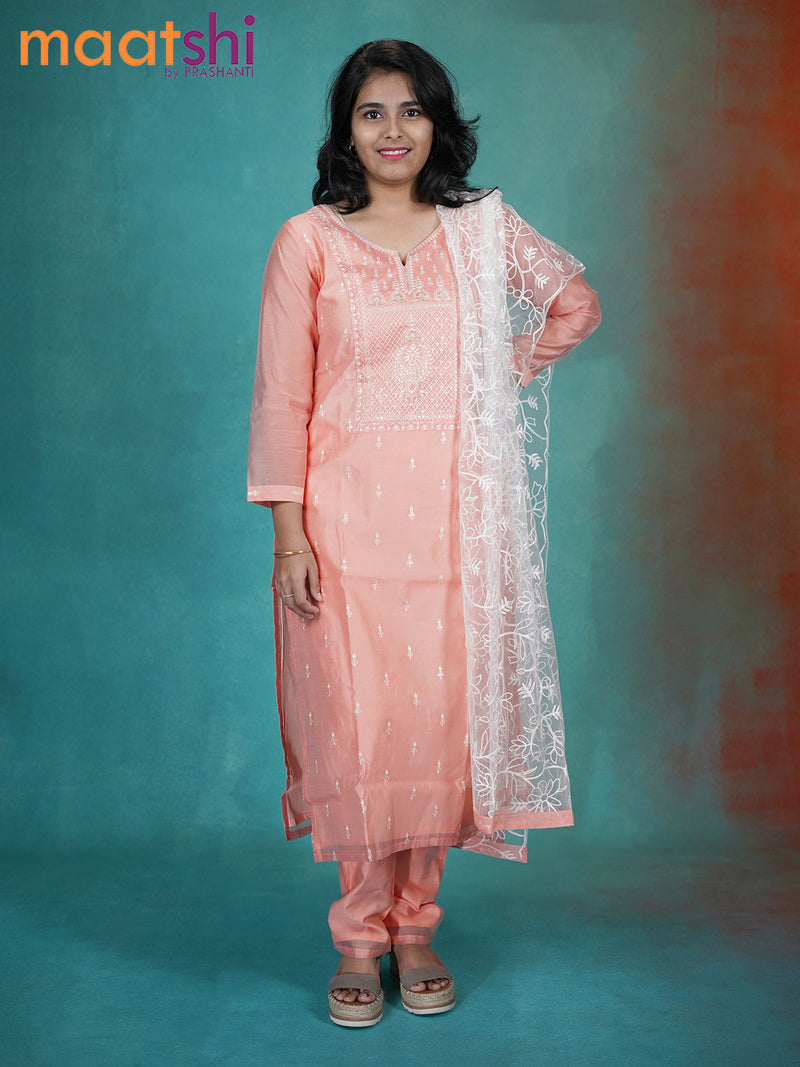 Chanderi readymade kurti set peach orange with embroidery & sequin work neck pattern and straight cut pant & netted dupatta