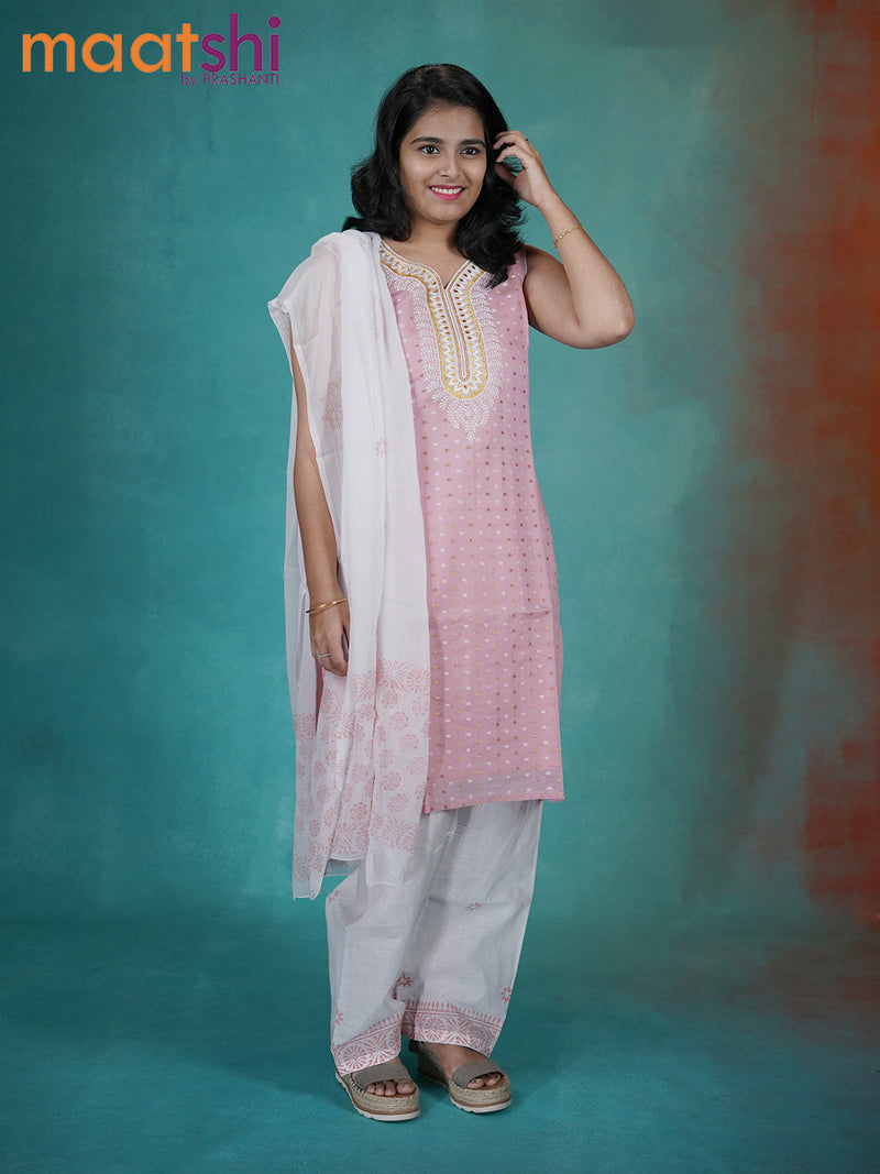 Chanderi readymade kurti set pastel pink and off white with allover embroidery neck pattern and straight cut pant & chiffon dupatta