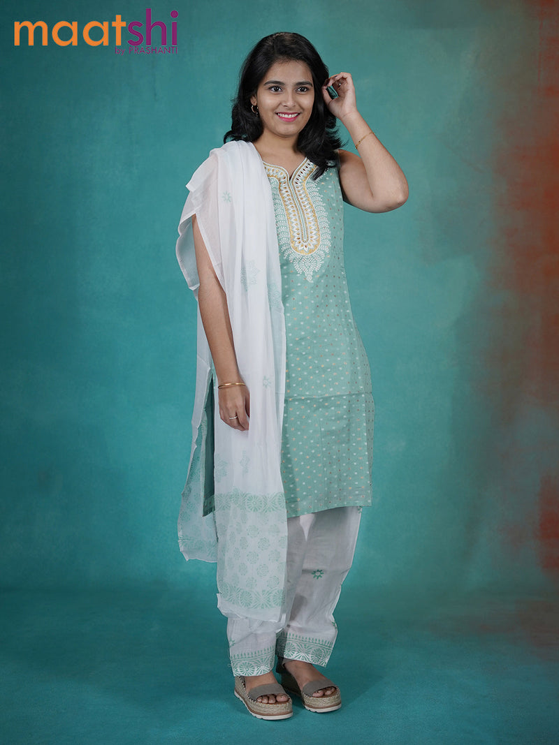Chanderi readymade kurti set pastel green shade and off white with allover embroidery neck pattern and straight cut pant & chiffon dupatta