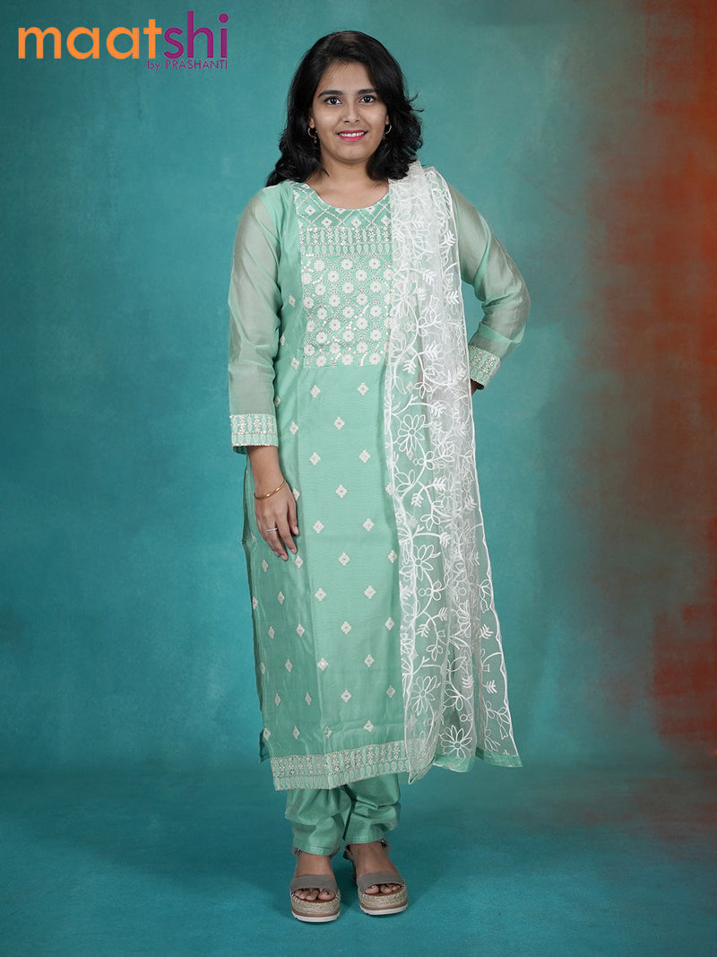 Chanderi readymade kurti set pastel green shade with embroidery & sequin work neck pattern and straight cut pant & netted dupatta