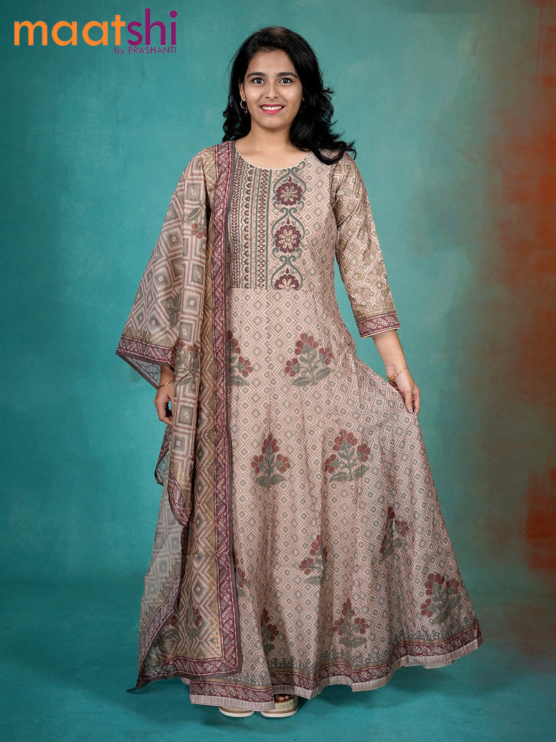 Chanderi readymade anarkali kurti set beige and pastel brown with allover prints & stone work neck pattern and straight cut pant & printed dupatta