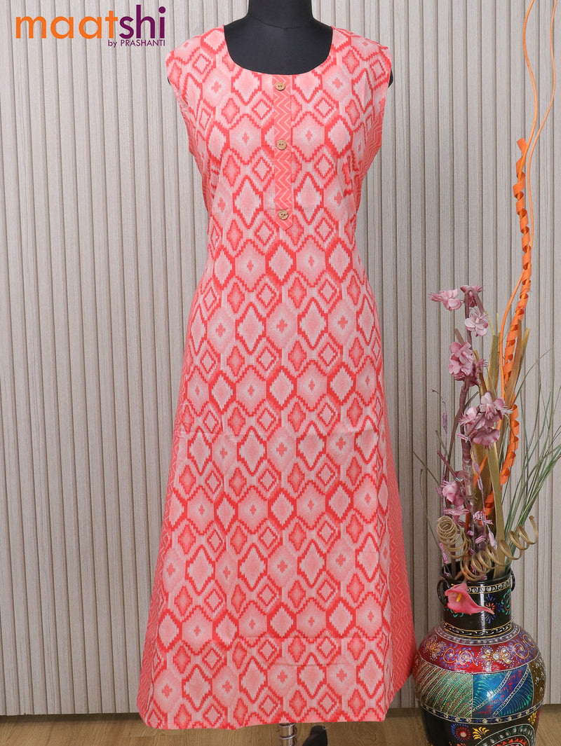 Cotton readymade A-line kurti peach orange with allover prints & simple neck pattern without pant