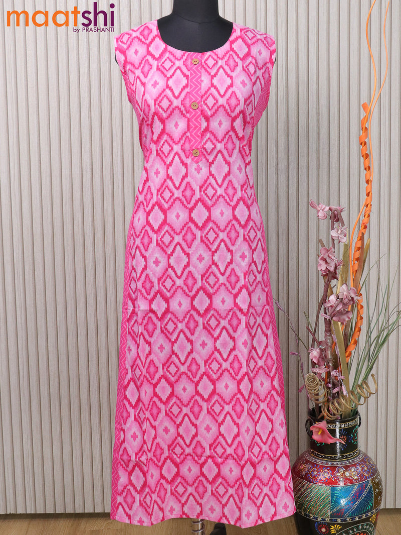 Cotton readymade A-line kurti pink with allover prints & simple neck pattern without pant