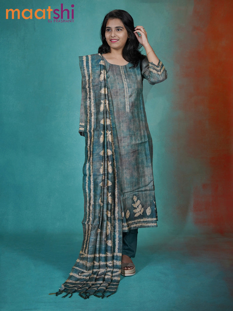 Chanderi readymade kurti set peacock green with allover kantha stitch work and straight cut pant & dupatta