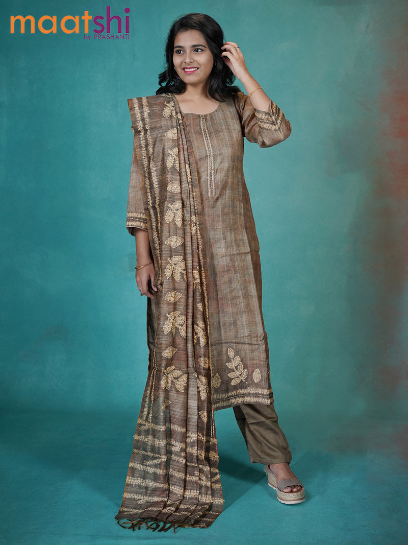 Chanderi readymade kurti set grey and brown with allover kantha stitch work and straight cut pant & dupatta
