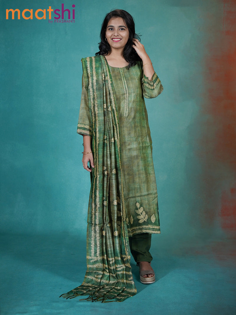 Chanderi readymade kurti set green with allover kantha stitch work and straight cut pant & dupatta