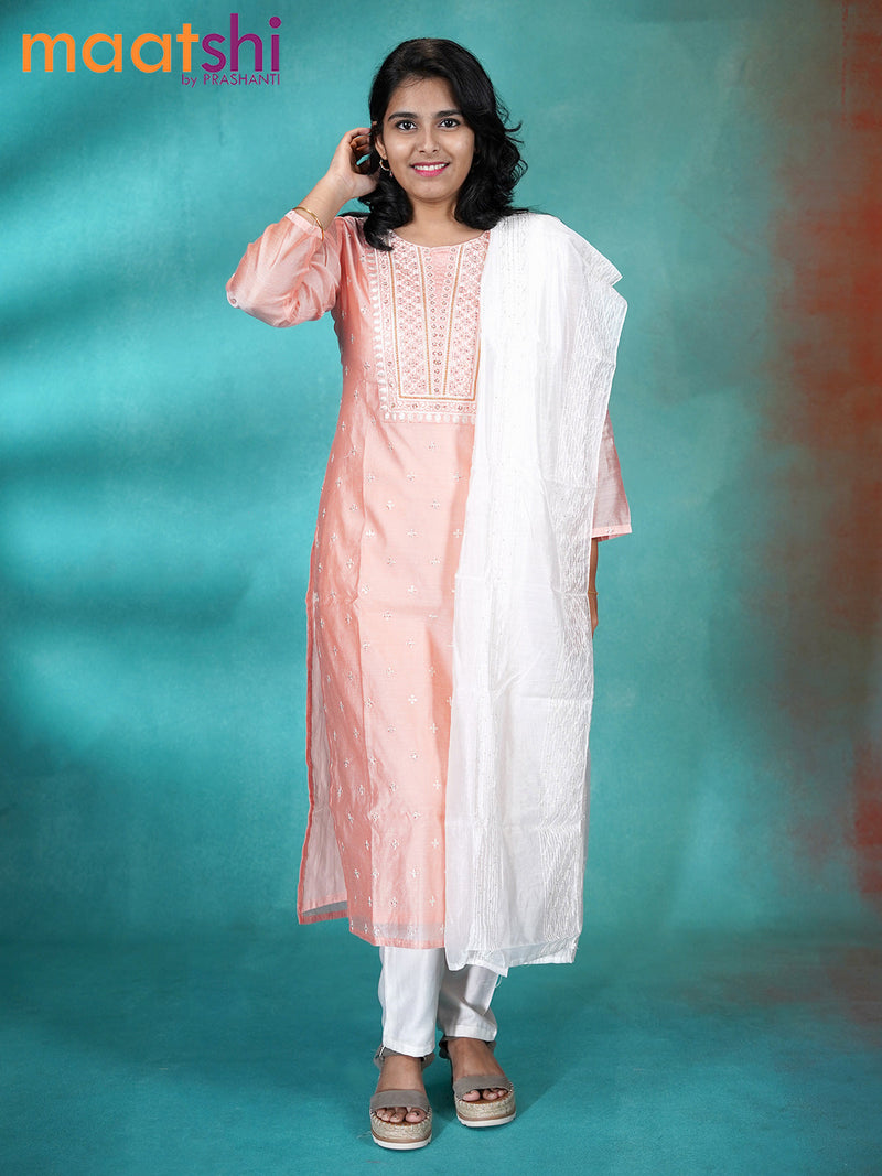 Chanderi readymade kurti set peach and off white with allover embroidery & sequin work neck pattern and straight cut pant & dupatta