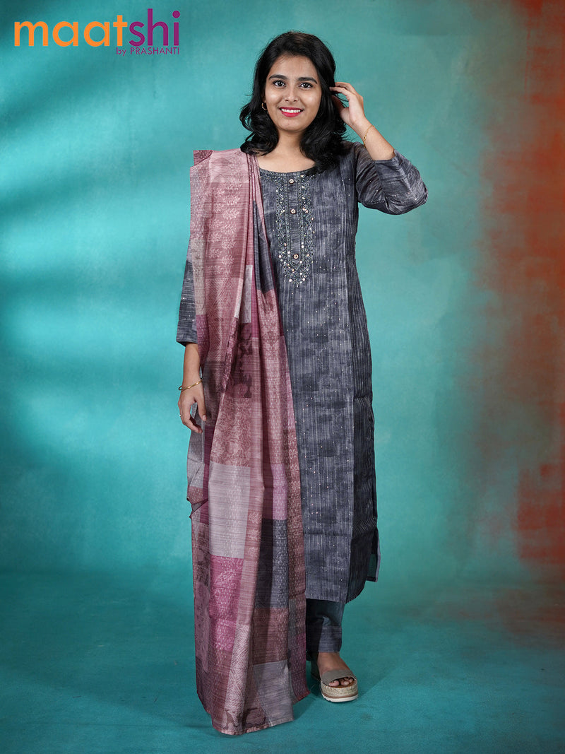 Raw silk readymade kurti set grey with allover sequin work & mirror work neck pattern and straight cut pant & printed dupatta