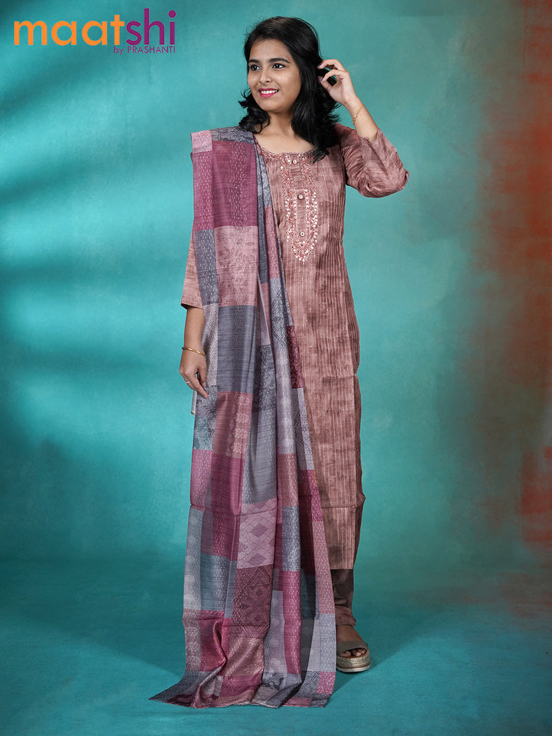 Raw silk readymade kurti set rosy brown with allover sequin work & mirror work neck pattern and straight cut pant & printed dupatta