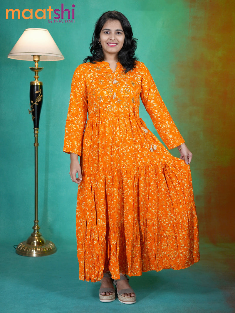Soft cotton readymade anarkali kurti mango yellow with allover prints & sequin work without pant