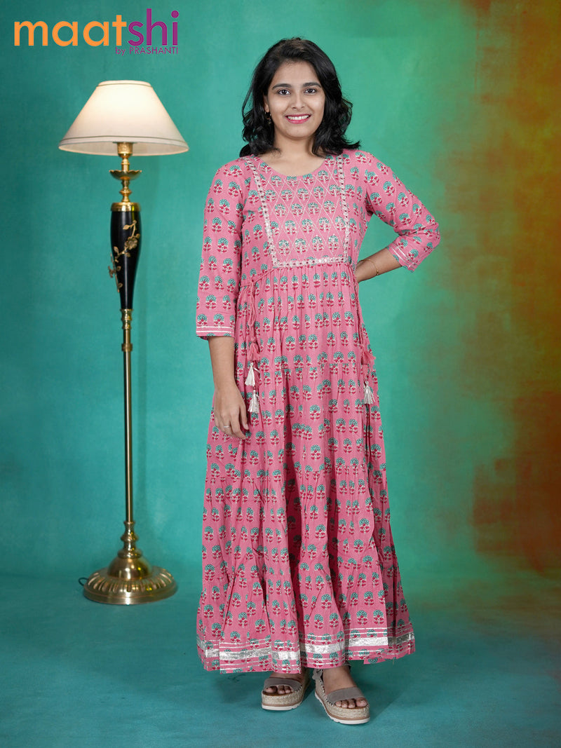 Cotton readymade anarkali kurti pink shade with allover floral prints & embroidery work neck pattern without pant