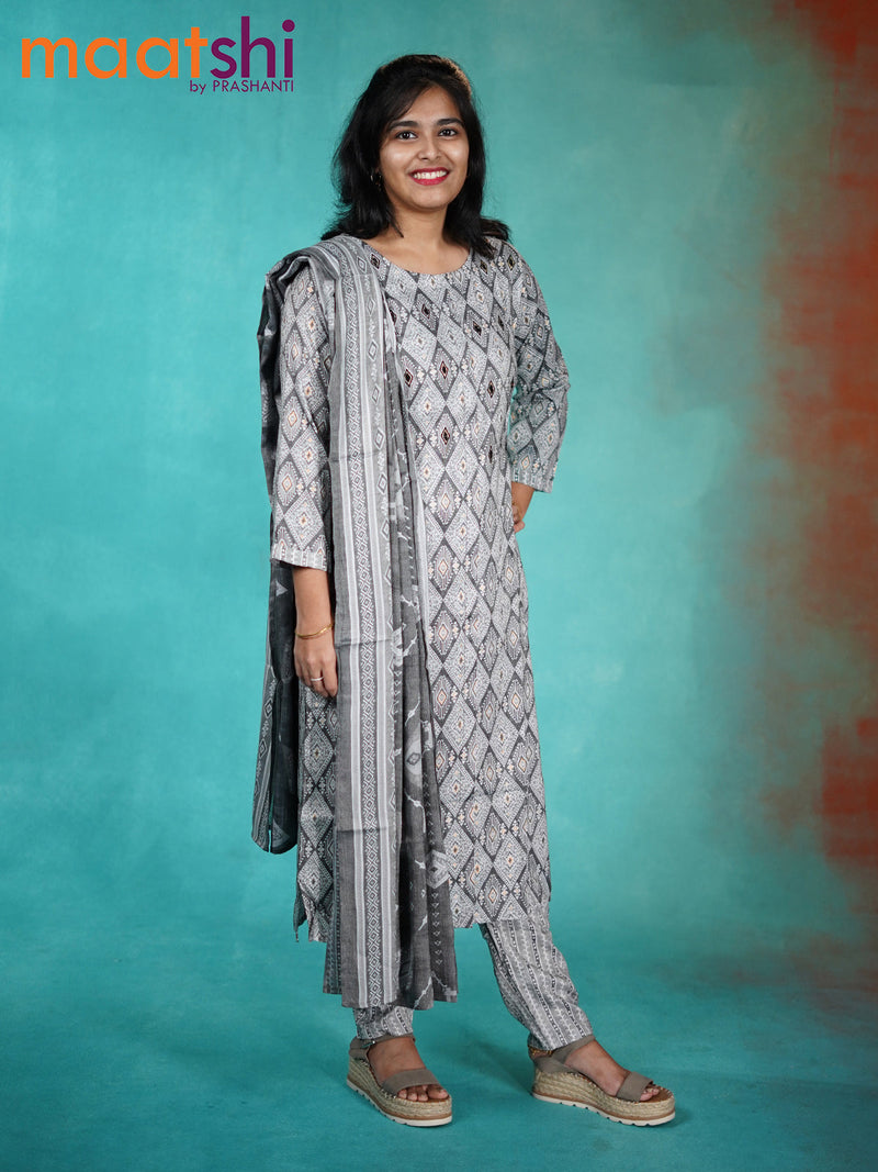 Slub cotton readymade kurti grey with allover prints & mirror embroidery work neck pattern and straight cut pant & dupatta