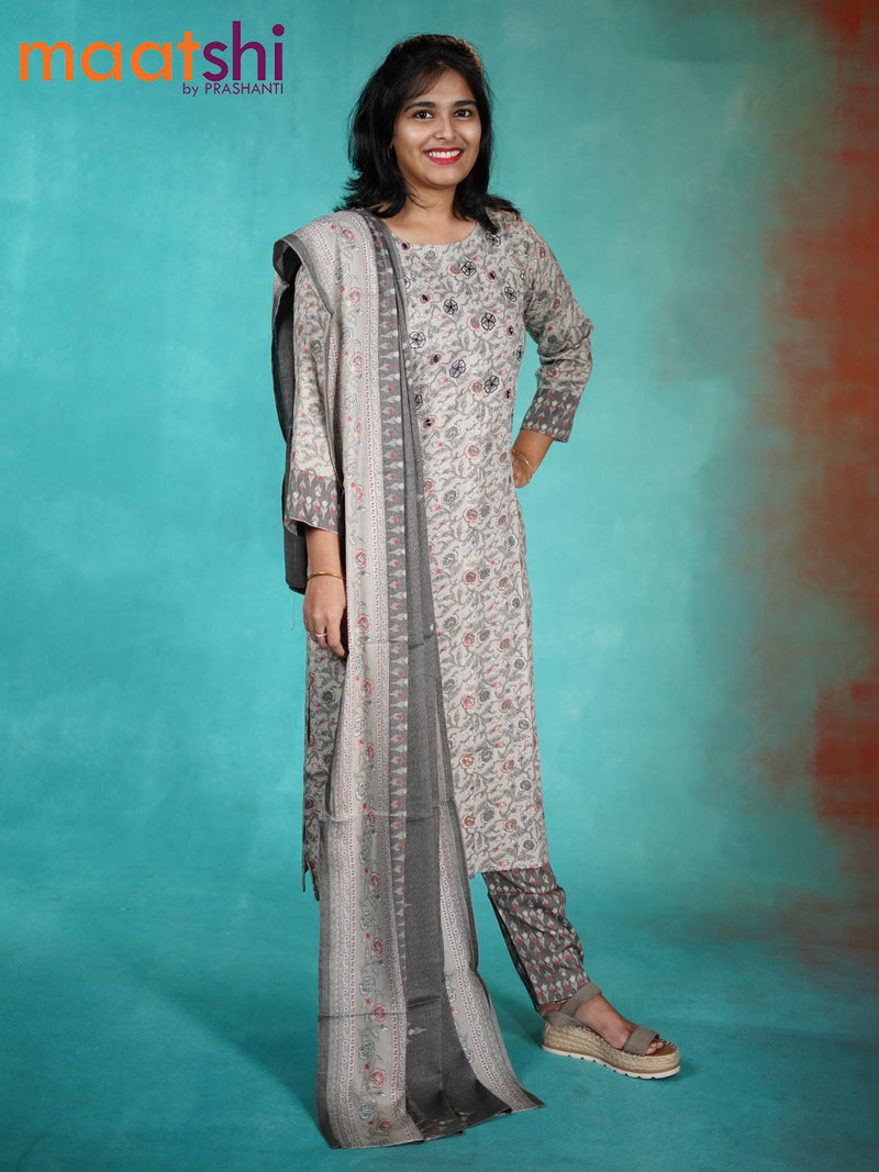 Slub cotton readymade kurti grey with allover floral prints & embroidery work neck pattern and straight cut pant & dupatta