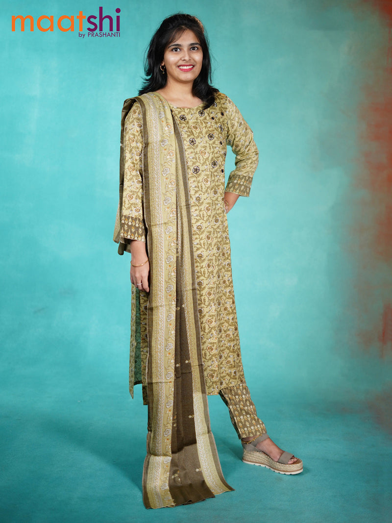 Slub cotton readymade kurti elaichi green shade with allover floral prints & embroidery work neck pattern and straight cut pant & dupatta