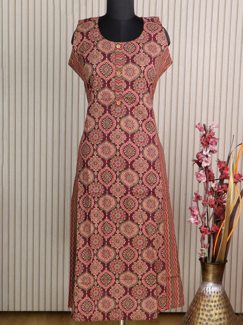 Cotton readymade kurti maroon with allover ajrakh prints without pant - sleeve attached