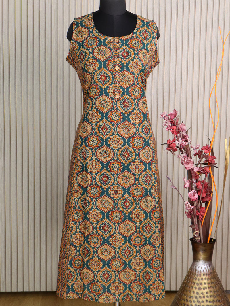 Cotton readymade kurti green with allover ajrakh prints without pant - sleeve attached