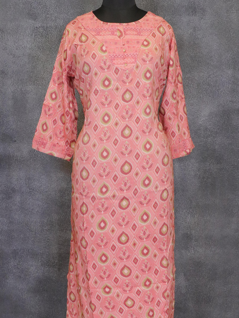 Semi cotton readymade kurti dark peach with printed top and straight cut pant