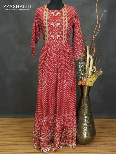 Muslin readymade umberlla kurti red shade with allover prints & beaded neck pattern